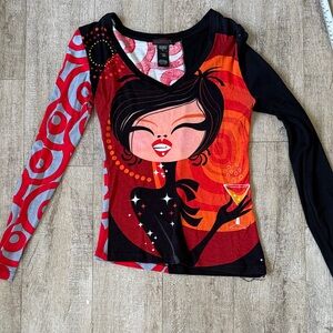Custo Barcelona Vibrant Red and Black Graphic Long Sleeve Top